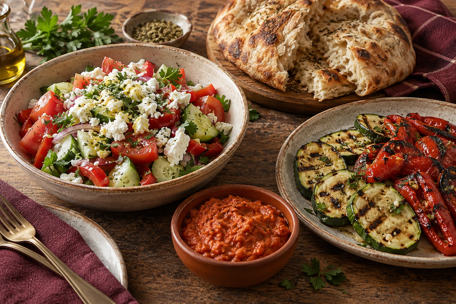 Illustrative Servieridee mit Schopska-Salat, Grillgemüse, Ajvar und Fladenbrot